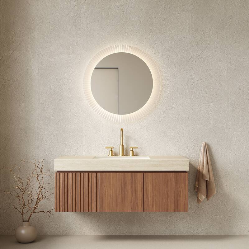 Floating Bathroom Vanity with Sintered Stone Top & Undermount Ceramic Basin with Three Pre-drilled Faucet Holes - 47.64'' x 18.9'' x 17.72'' - Brown Oak and Beige