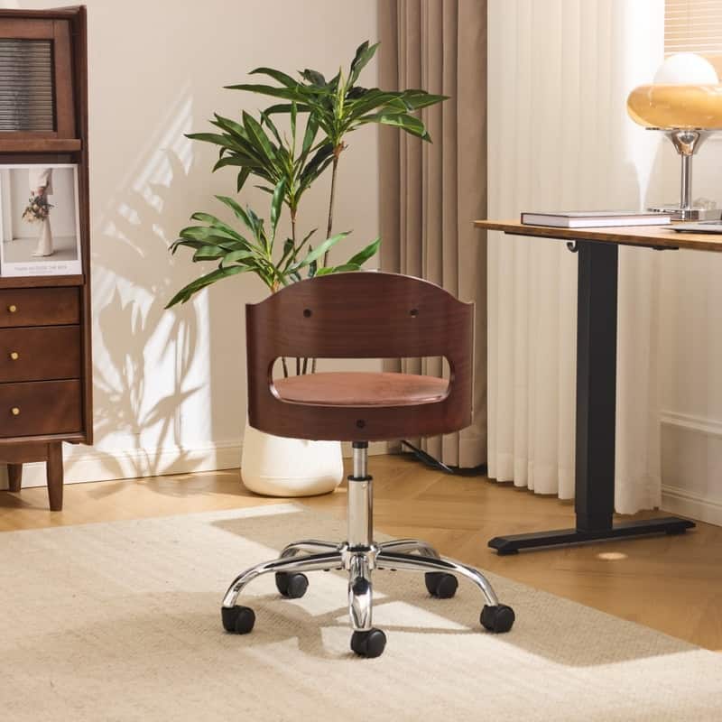 Ring-Shaped Wooden Back Office Chair With Foot Spikes And Wheels