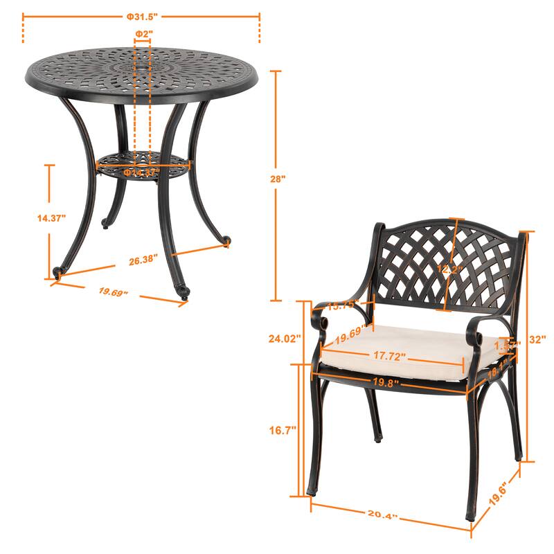 Outdoor 2-Person Cast Aluminum Bistro Set with Umbrella Hole