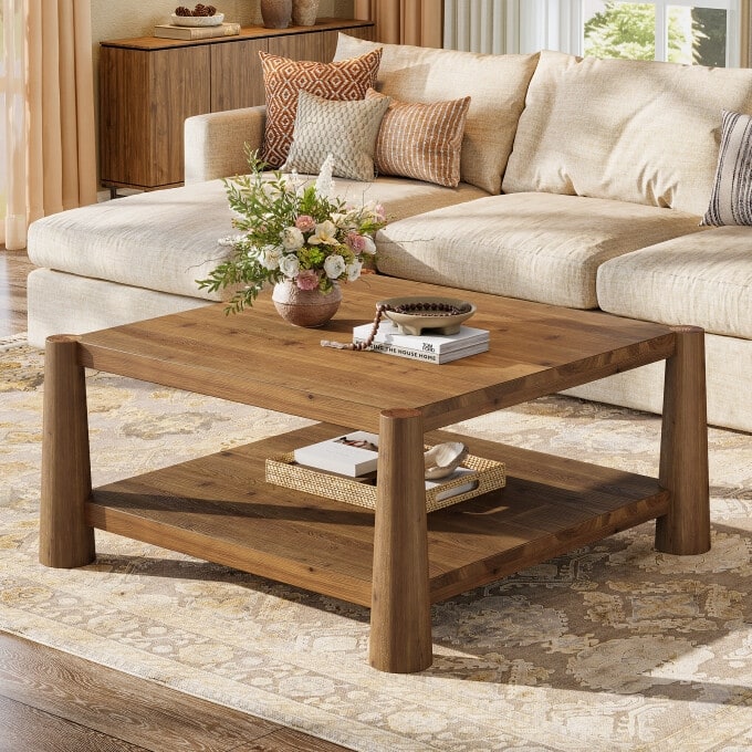 34" Square Solid Wood Coffee Table, Rustic Living Room Center Table