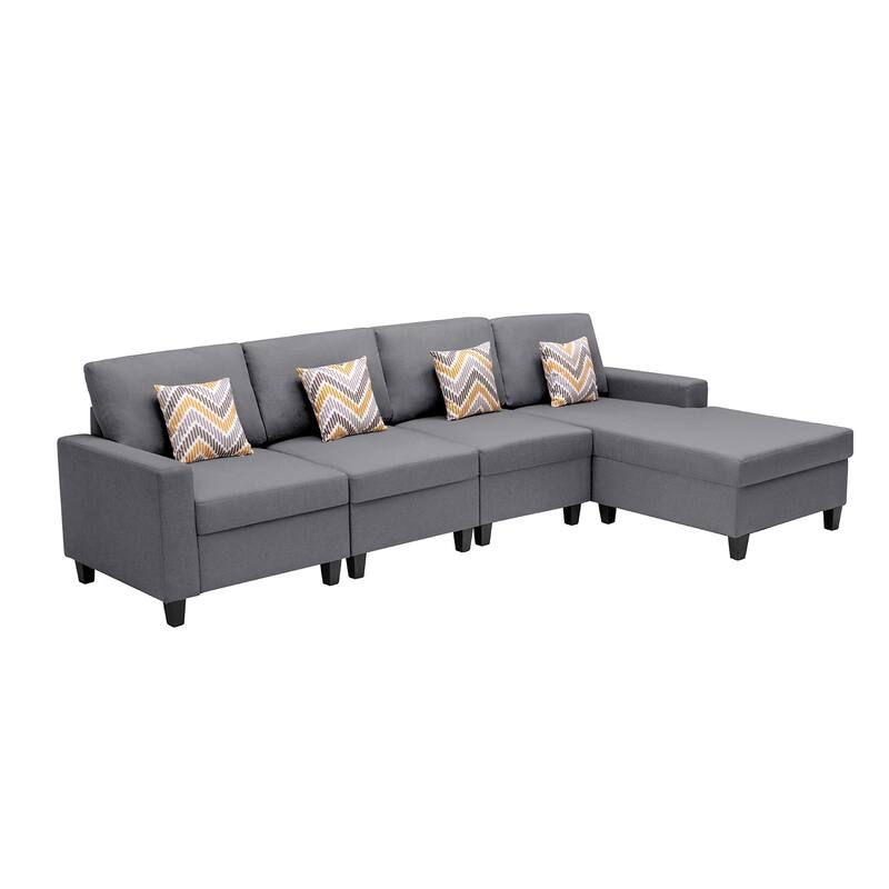 Linen Fabric 4 Piece Reversible Sectional Sofa Chaise with Pillows and Interchangeable Legs in Grey