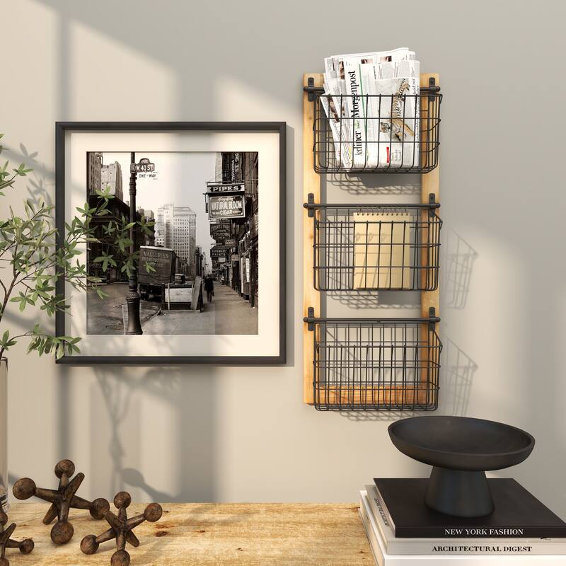 Black Metal 3 or 2 Slot Magazine Rack Holder with Wood Frame and Suspended Wire Baskets