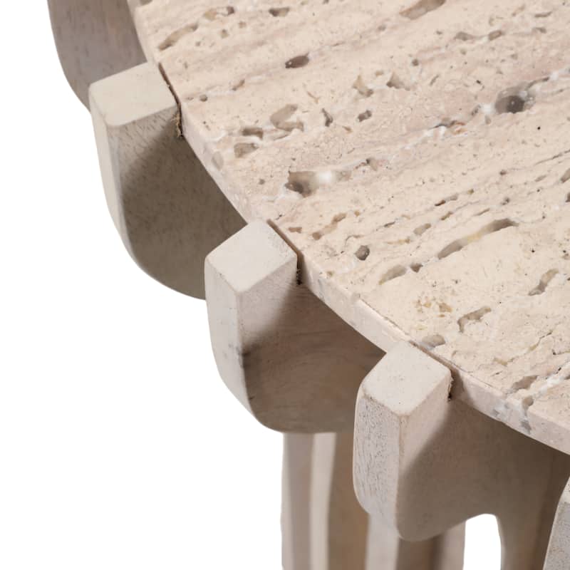 Decorative Travertine Accent Table with Wodden Carved Base- 25", White