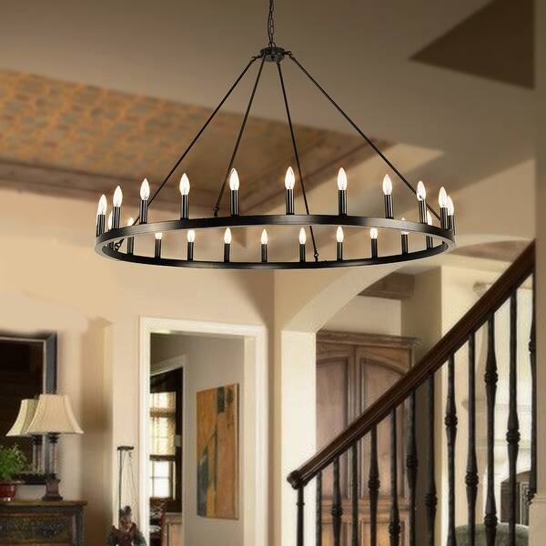 54-inch Round Wagon Wheel 24-light Chandelier - Black