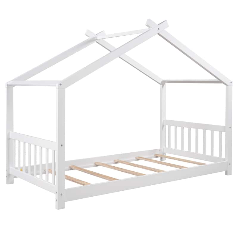 Twin Size House Platform Bed with Headboard and Footboard,Roof Design, White