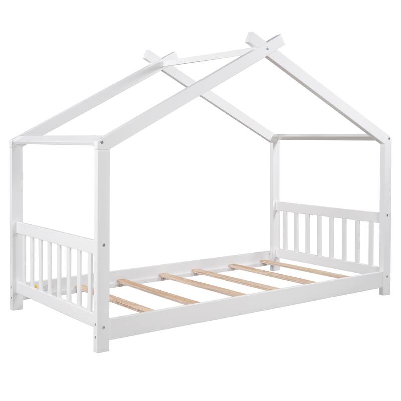 Twin Size House Platform Bed with Roof, Wooden Platform Bed with Headboard & Footboard, Wood Twin Bed Frame for Kids Boys Girls - White - Twin
