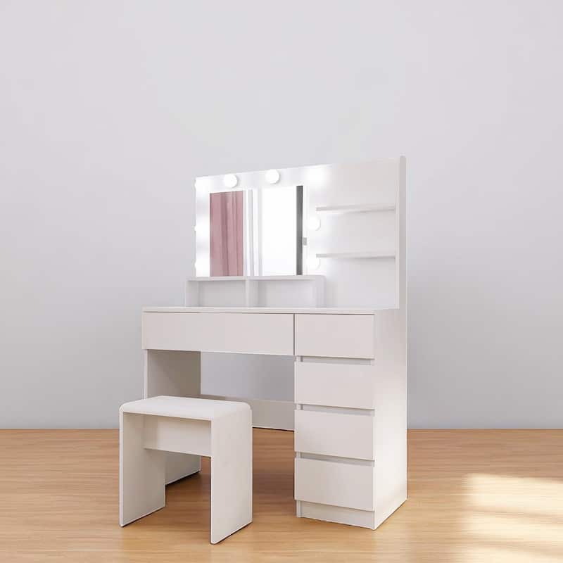 White Vanity Desk Set with LED Mirror, USB Outlets, Adjustable Brightness, Storage Shelves & Cushioned Stool