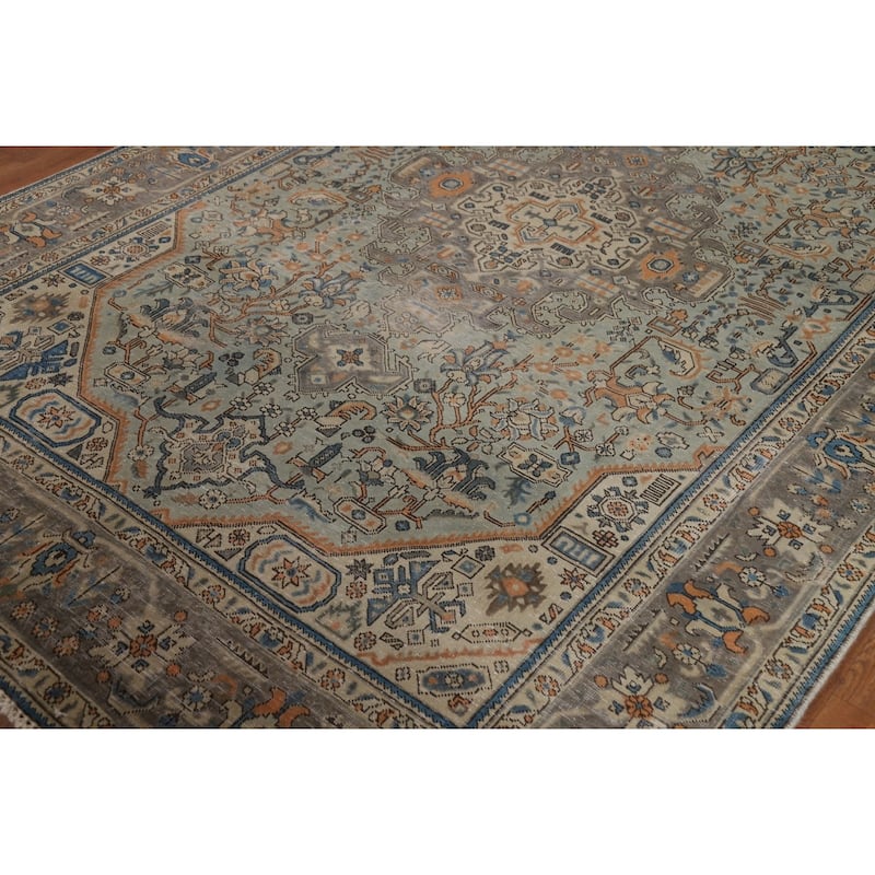 Green Geometric Tabriz Persian Area Rug Hand-Knotted Wool Carpet - 6'6"x 9'7"
