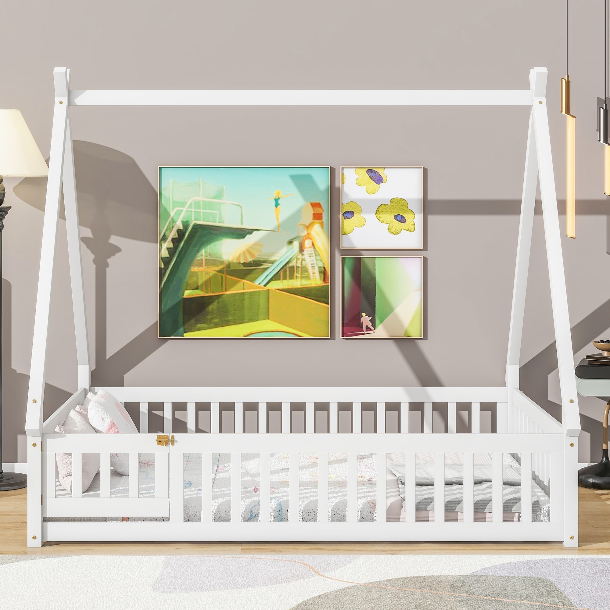 Full Tent Shaped Kids Bed Semi Enclosed Design Floor Bed Wood Slat Support Bed Tent with a Cute Little Door and Guardrails White
