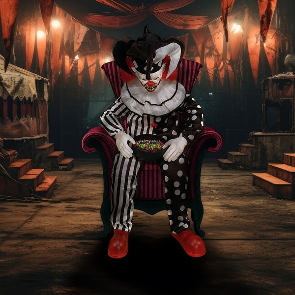 slide 2 of 11, Haunted Hill Farm Hartley the Sitting Scare Clown by Tekky, Premium Talking Halloween Animatronic, Plug-In or Battery