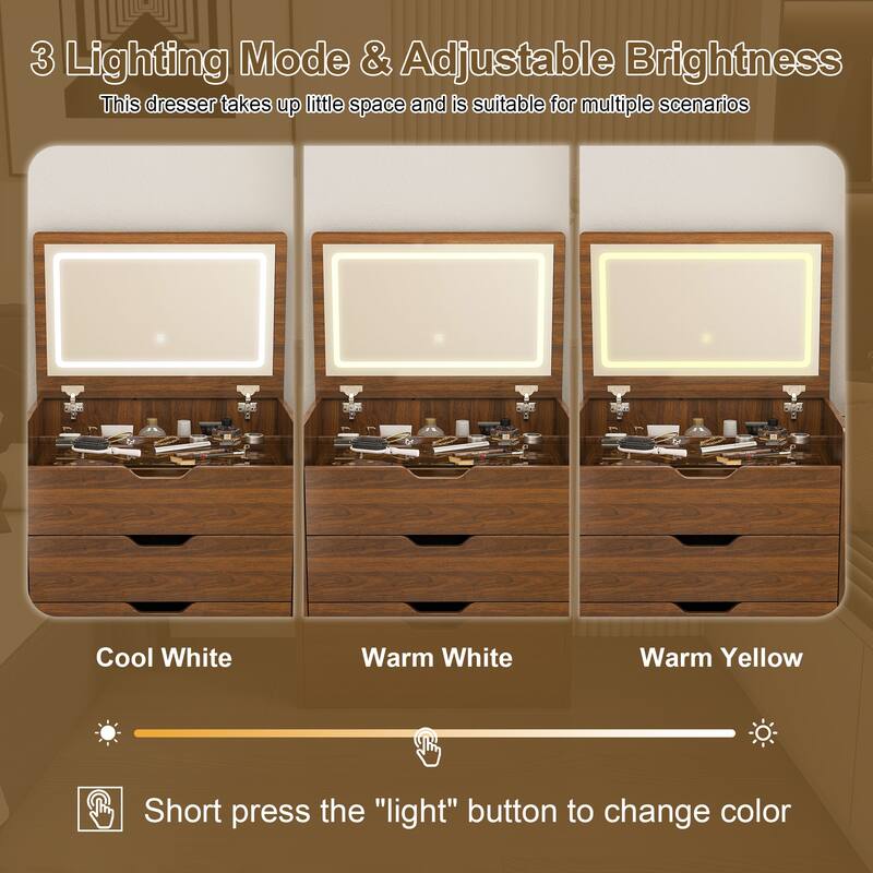 Flip Top Makeup Vanity Desk with LED Mirror and Stool, 3-in-1 Compact Storage Table for Bedroom