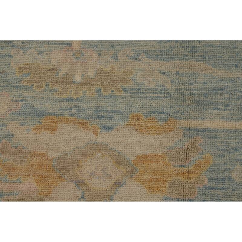 Vegetable Dye Blue Floral Oushak Turkish Area Rug Handmade Wool Carpet - 8'3"x 9'8"