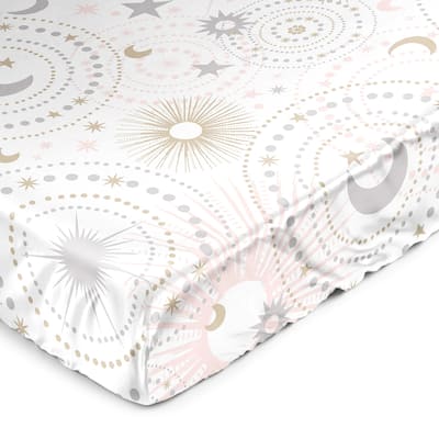 Sweet Jojo Designs Blush Pink Gold Star and Moon Girl Satin Fitted Crib Sheet - Grey Celestial Sky Stars Gray Shabby Chic