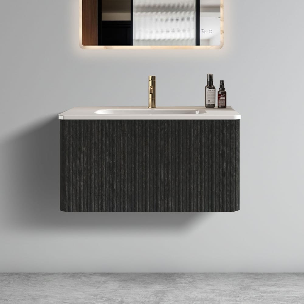 GDFStudio - Etna Floating Bathroom Vanity with Integrated Ceramic Sink, Modern Handle-Free Wall-Mounted Design, Pre-Assembled