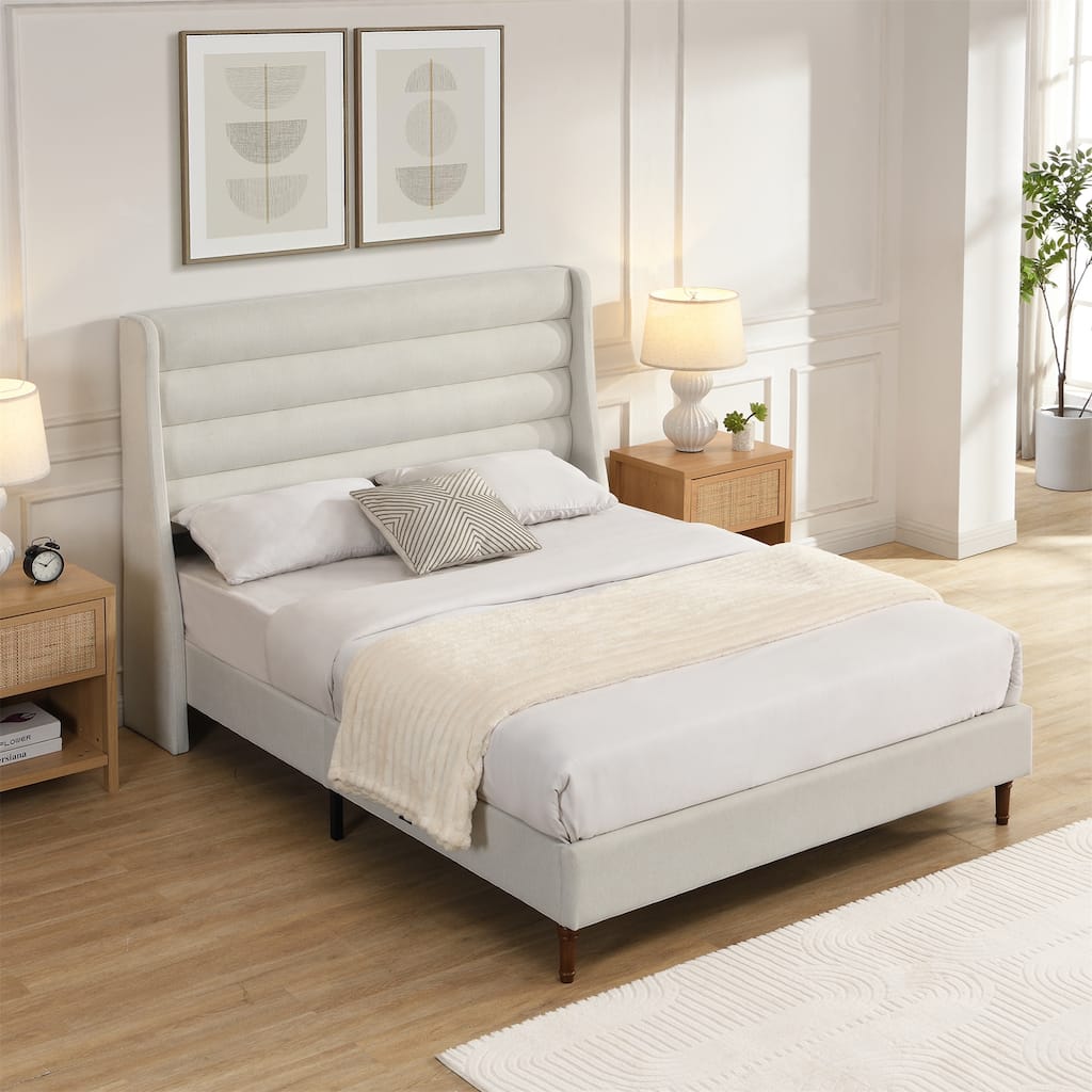 Queen Size Bed Frame High Headboard Upholstered Platform Bed