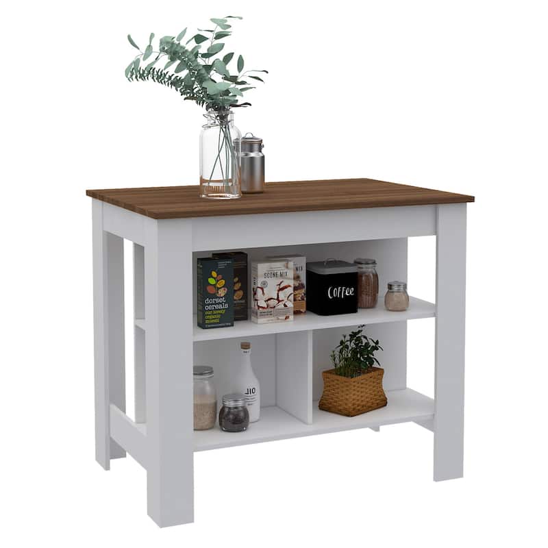 White Two-Tone Kitchen Island with Large Tabletop, Open Storage Shelves, and Comfortable Legroom Workstation