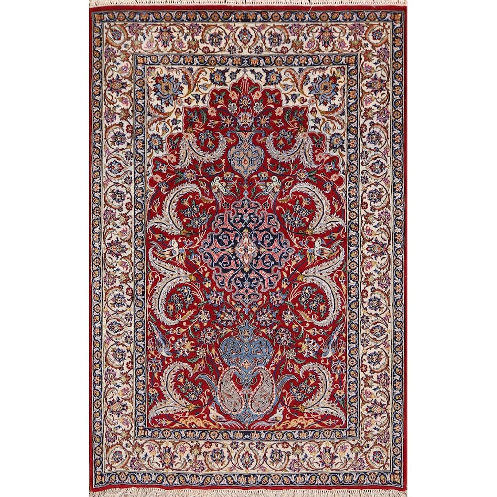 Vegetable Dye Red Wool & Silk Isfahan Persian Rug Hand-Knotted - 3'7"x 5'7"