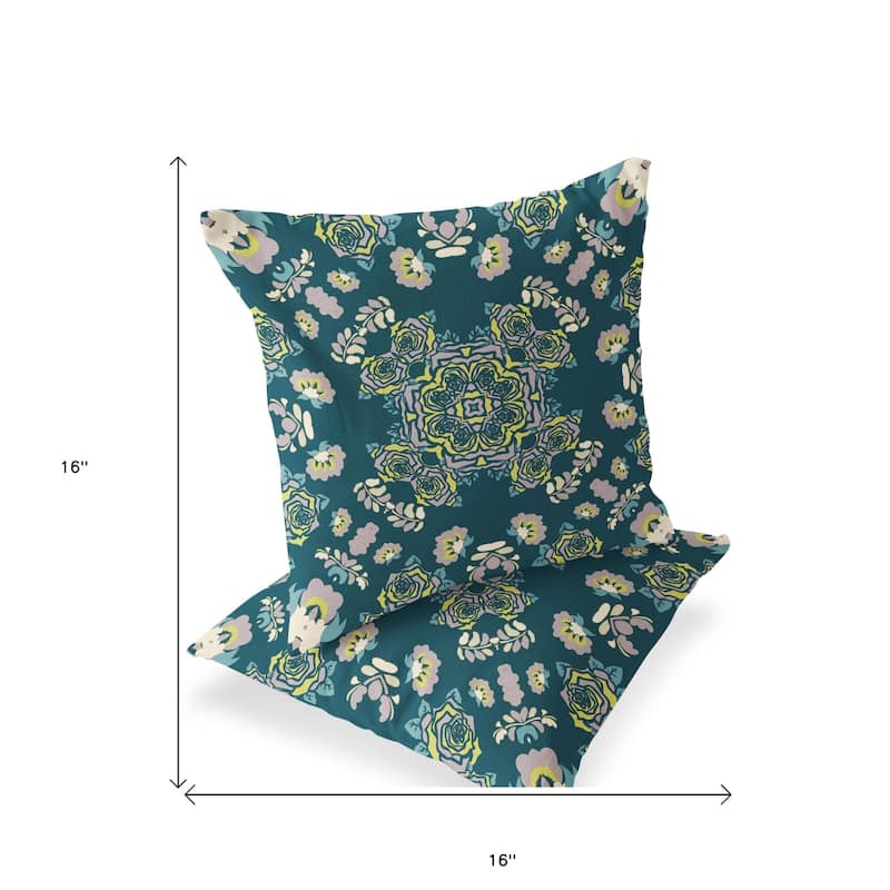HomeRoots Set of Two 16" X 16" Green and Yellow Blown Seam Floral Indoor Outdoor Throw Pillow - 16.00' X '16.00' X '5.00