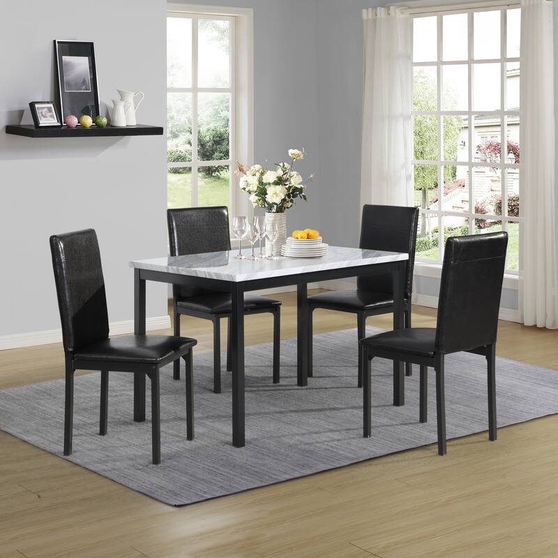 5-Piece Dining Table and Chair Set, Kitchen Dining Furniture Set with Faux Marble Rectangular Table and 4 Chairs - Black