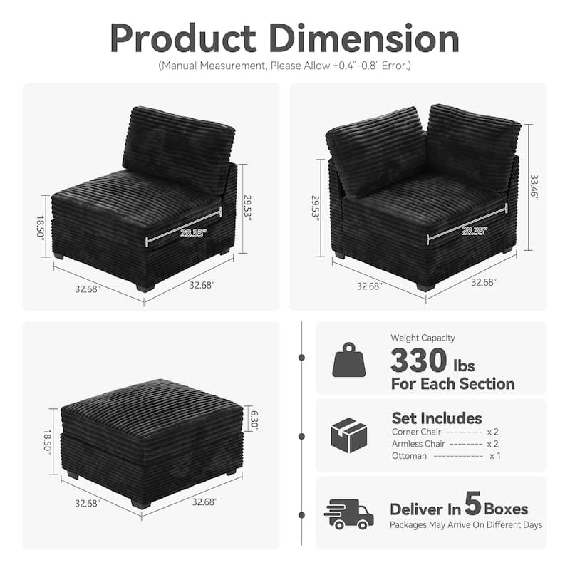 HOOOWOOO Modular Plush Corduroy Fabric Couch with Ottoman