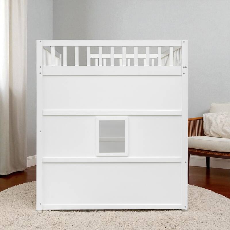 Twin/Full Size Wooden House Loft Bed with Guardrails and Slanted Ladder, No Box Spring Required