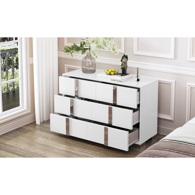 Roomfitters Elegant Modern Storage Cabinet with Metal Foot, Mirrored 6-Compartment Cabinet for Bedroom Living Room, White