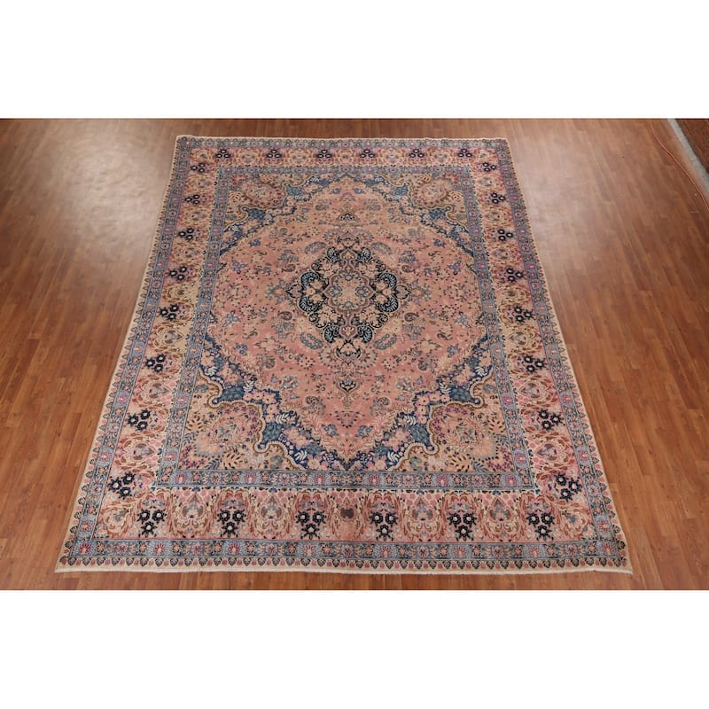 Vegetable Dye Pink Yazd Vintage Persian Area Rug Handmade Wool Carpet - 9'7" x 12'5"