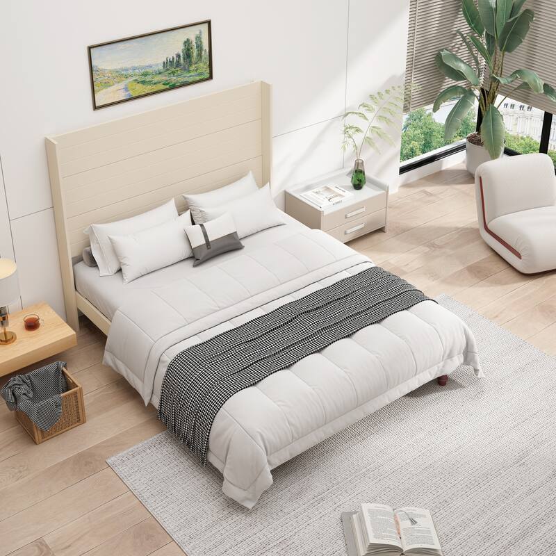 Low Profile Platform Bed High Headboard Wingback Bed with Wood Support