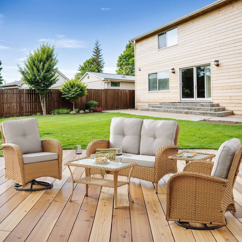 Outdoor Swivel Chairs Table with Loveseat Sofa-Yellow Beige - Yellow - Yellow - Biege