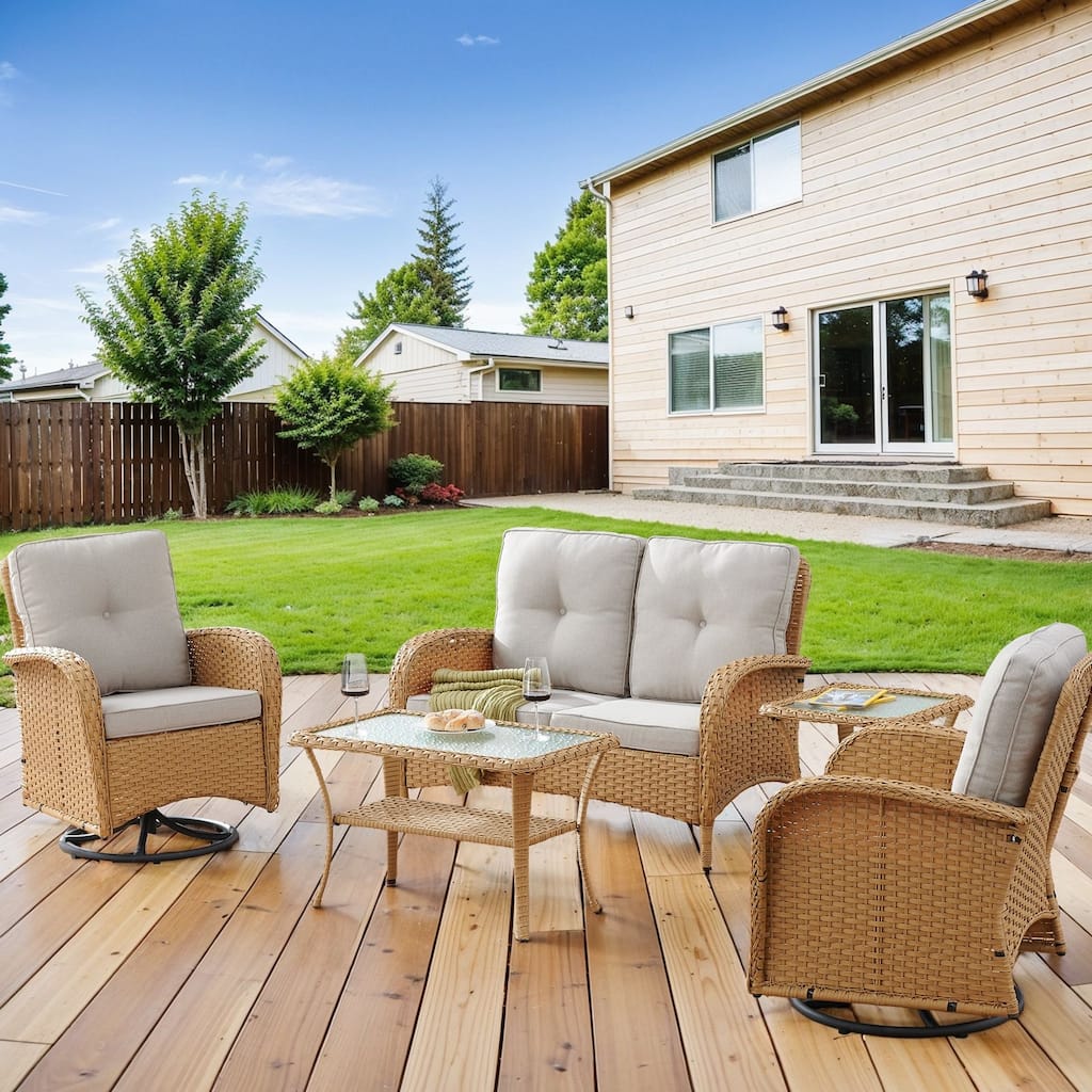 Outdoor Swivel Chairs Table with Loveseat Sofa-Yellow Beige - Yellow