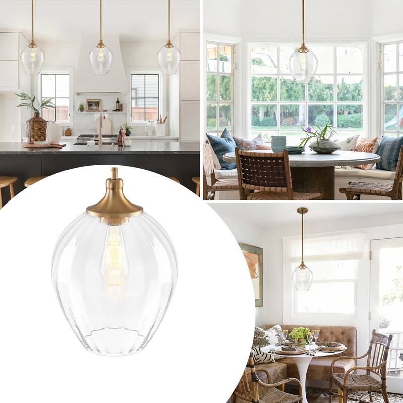 Modern Matte Brass Pendant Light Teardrop Ribbed Clear Glass Shade - Dia.9.06-in