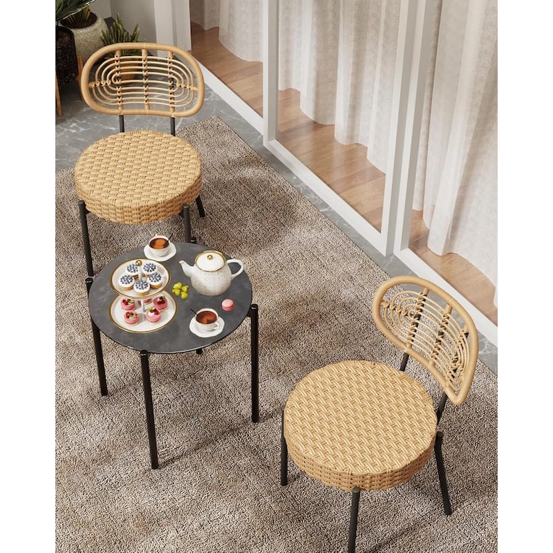 3 Piece Outdoor Bistro Set, Patio Rattan Bistro Set with Coffee Table, Black Steel Frame + Grey Rattan - N/A - Brown