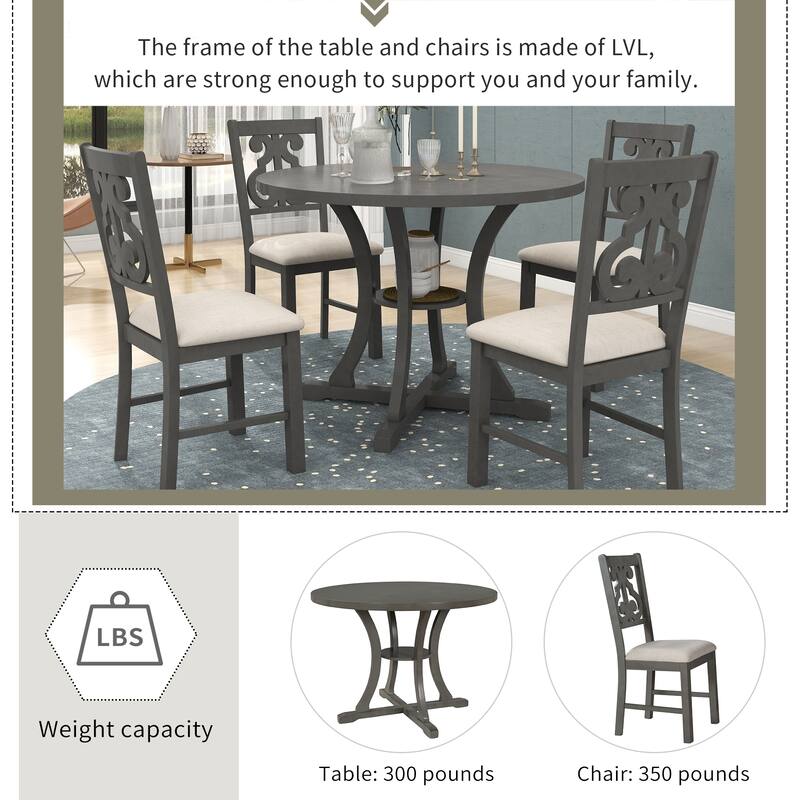 5-Piece Wooden Dining Table Set with Round Table, 4 Chairs & Shelf