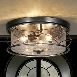 Modern 3-Light Gunmetal Silver Drum Flush Mount Light Seeded Glass Ceiling Lights for Foyer - D 13.5" x H 6"