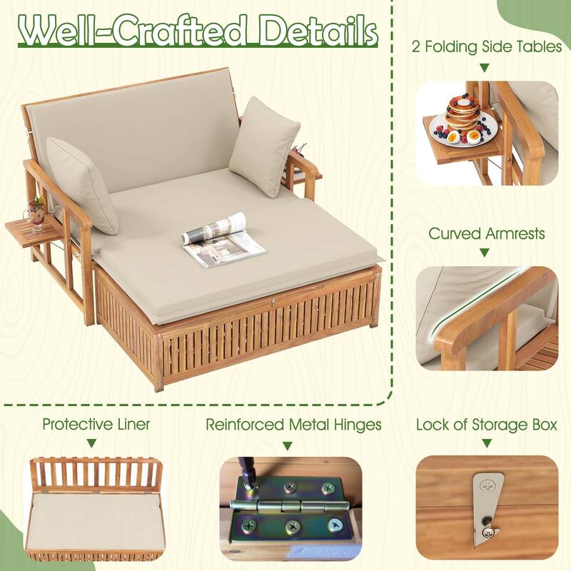 Costway Outdoor Wooden Daybed with 4-Level Backrest & Removable - See Details