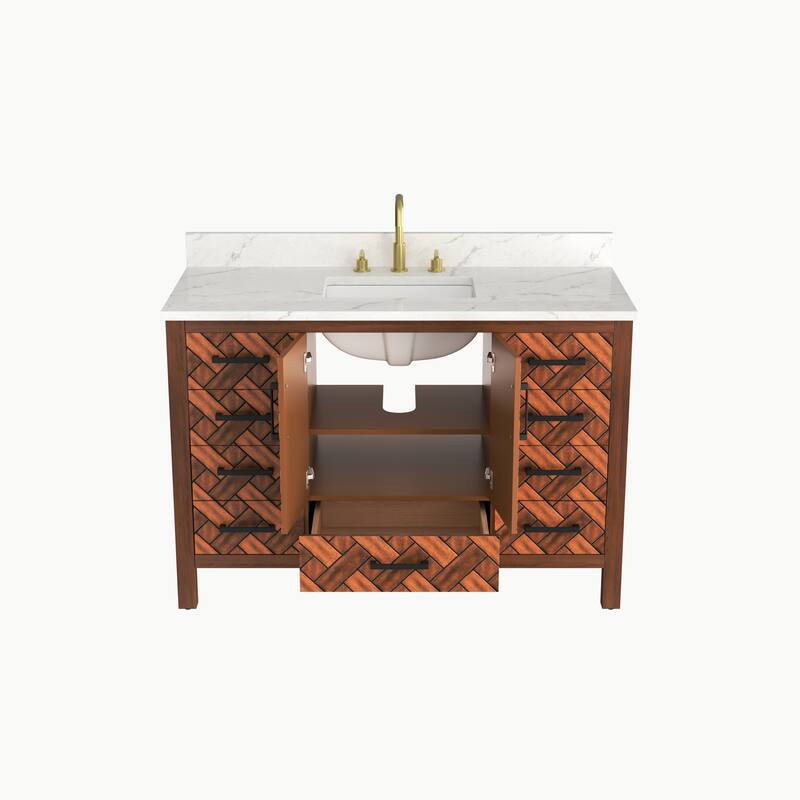 48" Freestanding Bathroom Vanity with Engineered Stone Top, Ceramic Sink, Built-In Power Outlet, and Hair Dryer Storage