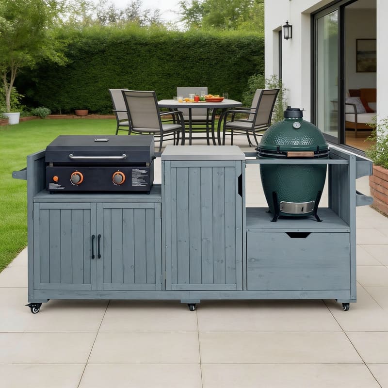 Solid Wood 80.5" Outdoor Kitchen Island for Big Green Egg& Blackstone Griddle, Grill Cart Table with Stainless Steel Top