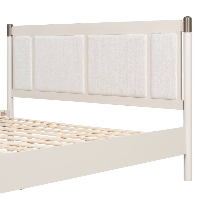 Modern Solid Wood Bed Frame Platform Bed with Central Textured Fabric Upholstered Headboard/Metal Handles/No Box Spring Needed