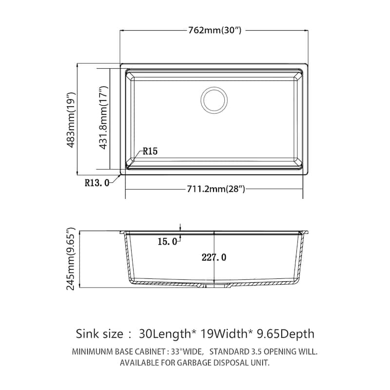 30 Inch Black granite composite Workstation undermount Quartz kitchen sink - 30 x 19