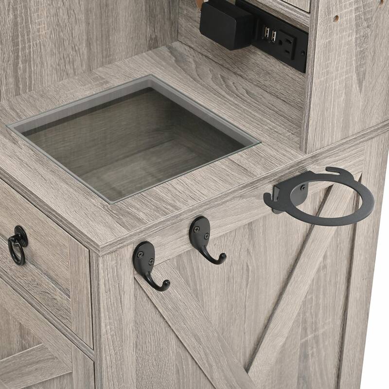 Farmhouse Vanity Desk with Sliding Mirror & Lights, Glass Top Vanity Set