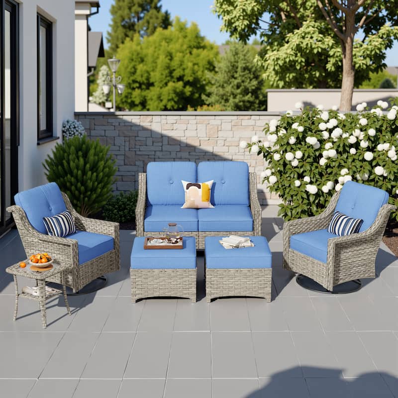 HOOOWOOO 6-piece Wicker Furniture Patio Loveseat Sofa Conversation Set with Swivel Chair