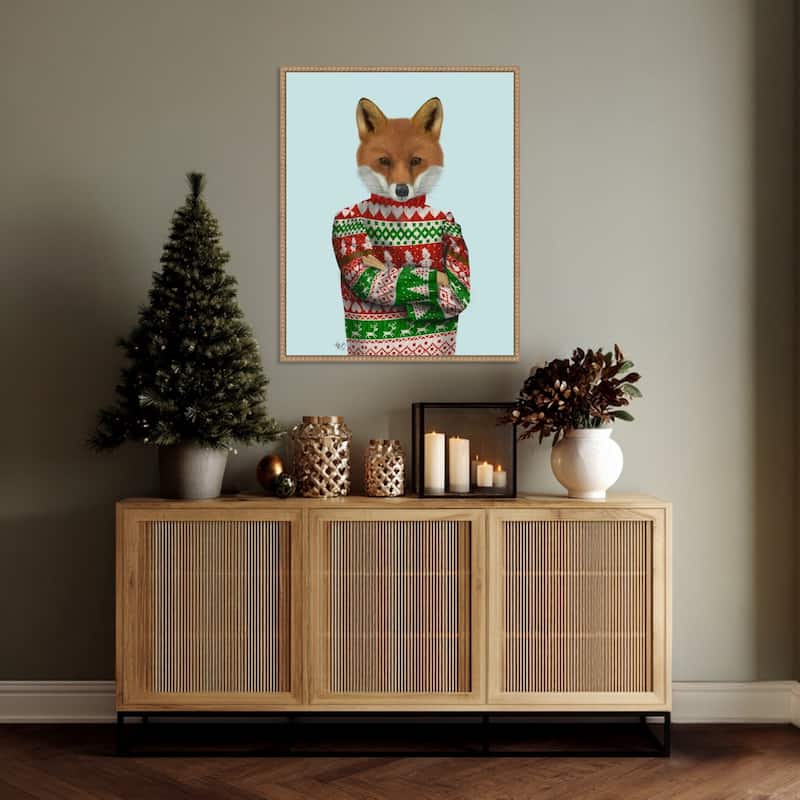 Fox in Christmas Sweater by Fab Funky (23 x 28 in.), Framed Canvas Wall Art Print - Sylvie Beaded Rustic Natural