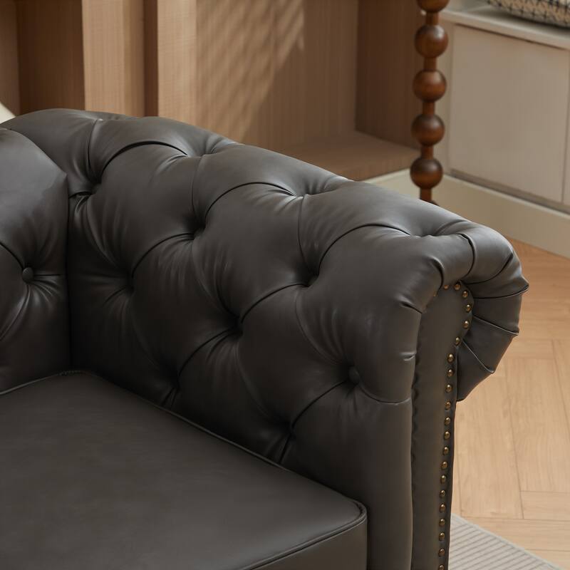 Vintage PU Button-Tufted Sofa Couch, Flared Arms, Rubberwood Legs & Nailhead Trim