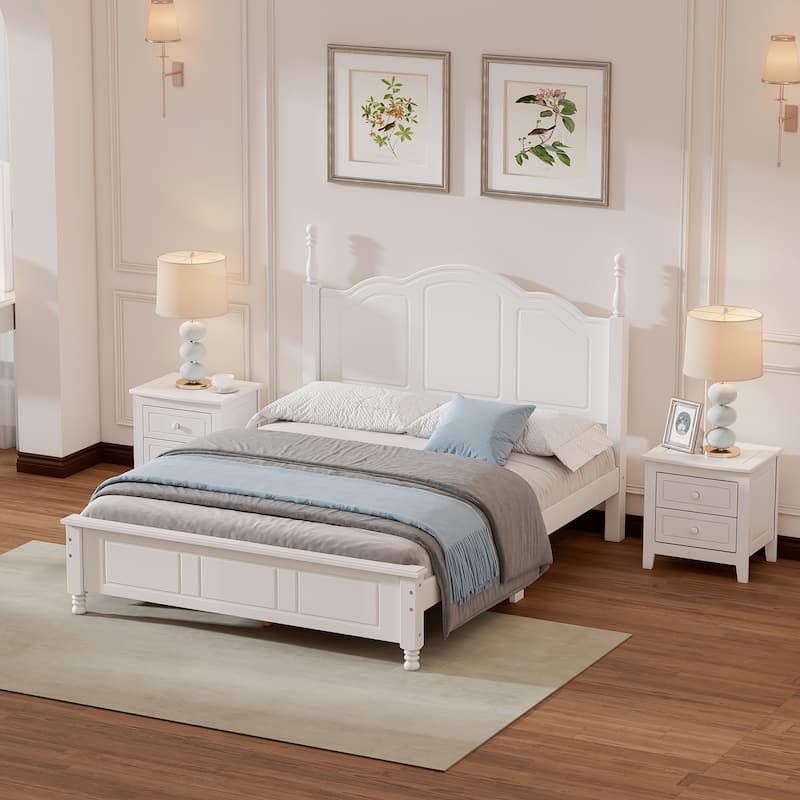 3-Pieces Bedroom Sets, Full/Queen Size Wood Platform Bed & 2 Nightstands, Modern Bed Frame w/ Headboard, Nightstand w/ 2 Drawers
