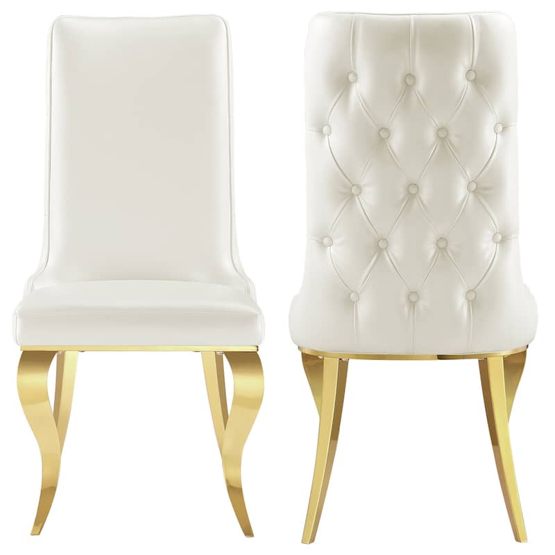 White Tufted Dining Chairs with PU Leather Upholstered and Polished Gold Legs - Gold