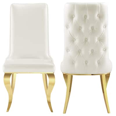White Tufted Dining Chairs with PU Leather Upholstered and Polished Gold Legs