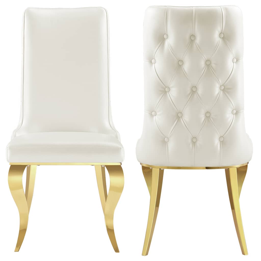 White Tufted Dining Chairs with PU Leather Upholstered and Polished Gold Legs