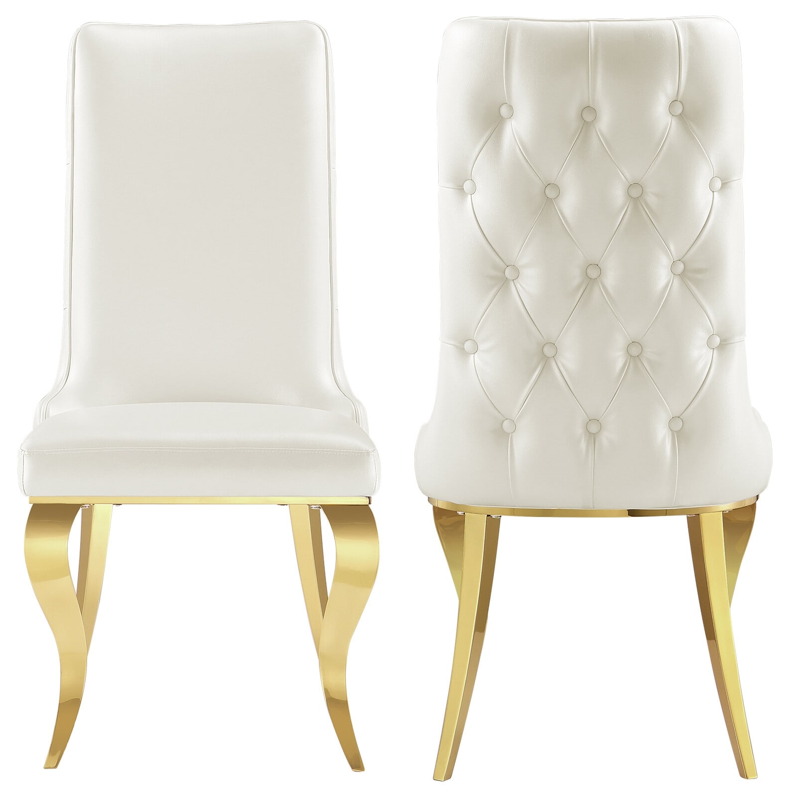 White Tufted Dining Chairs with PU Leather Upholstered and Polished Gold Legs