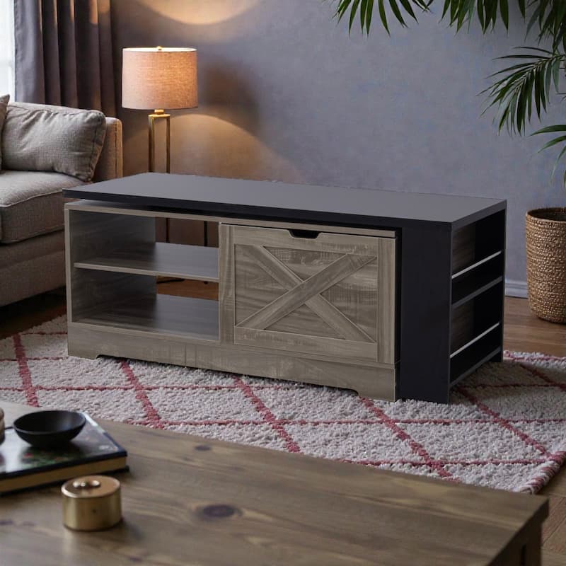 Farmhouse Lift Top Coffee Table with Barn Doors, Rotating Wood Center Table with Hidden Storage and Open Shelves