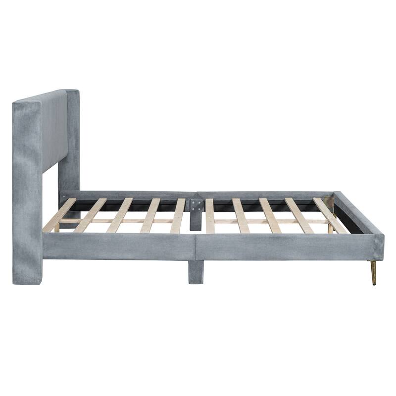 Queen Size Corduroy Platform Bed with Tufted Upholstered Headboard and Metal Legs